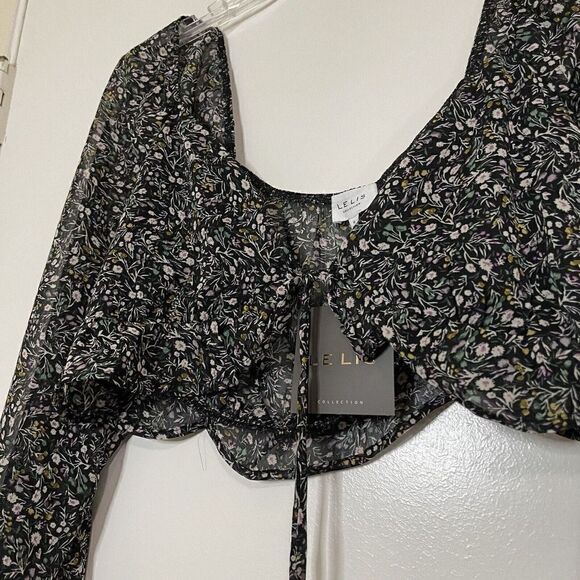NEW! LE LIS Black floral boho festival long sleeve sheer crop top size medium - Picture 6 of 6